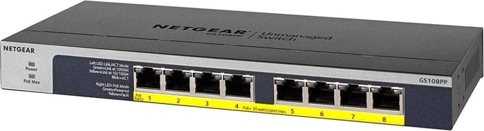 Netgear ProSAFE GS100 Desktop Gigabit Switch, 8x RJ-45, 123W PoE+