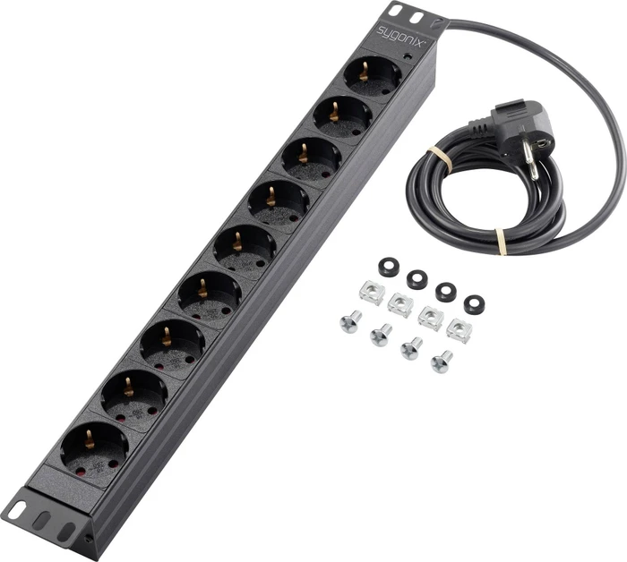 Sygonix 19" Aluminium Steckdosenleiste, 1HE, 9-fach, 250V, schwarz, 1.8m