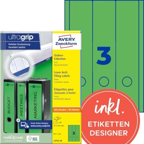 Avery-Zweckform Ordneretiketten, 61x297mm, grün, 20 Blatt (60 Etiketten)