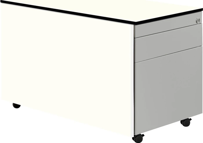 mauser Rollcontainer line, 1x Utensilienauszug, 1x Materialschublade, 1x Hängeregistratur, reinweiß/weiß/weißaluminium