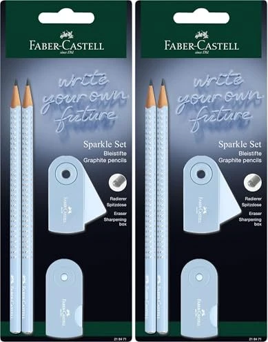 Faber-Castell Sparkle Schreibset Bleistift B graphit, Sky Blue, Radierer, Anspitzer, 4er-Set
