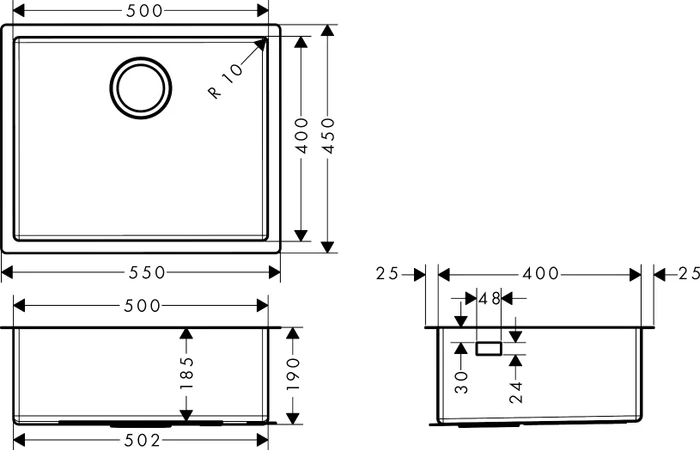 Hansgrohe S71 S719-U500 500 Unterbau Becken mittig edelstahl