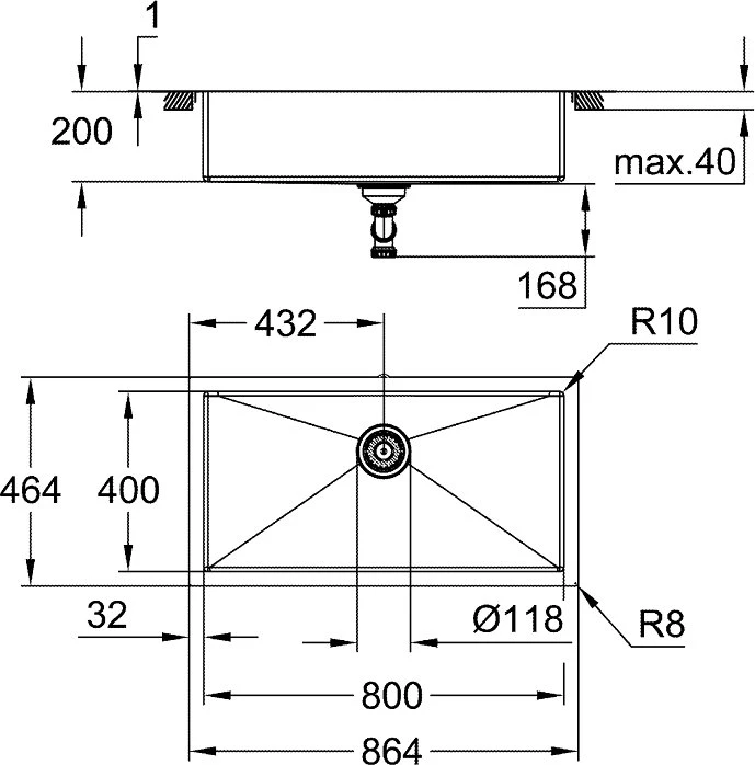 Grohe K700 90-S 86.4/46.4 1.0 Becken mittig edelstahl