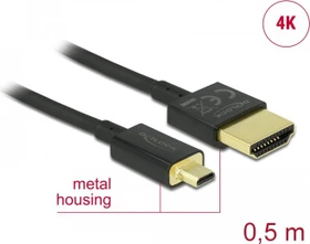 DeLOCK Slim 4K High Speed mit Ethernet HDMI 2.0 Kabel Typ-A/Typ-D Micro, 0.5m
