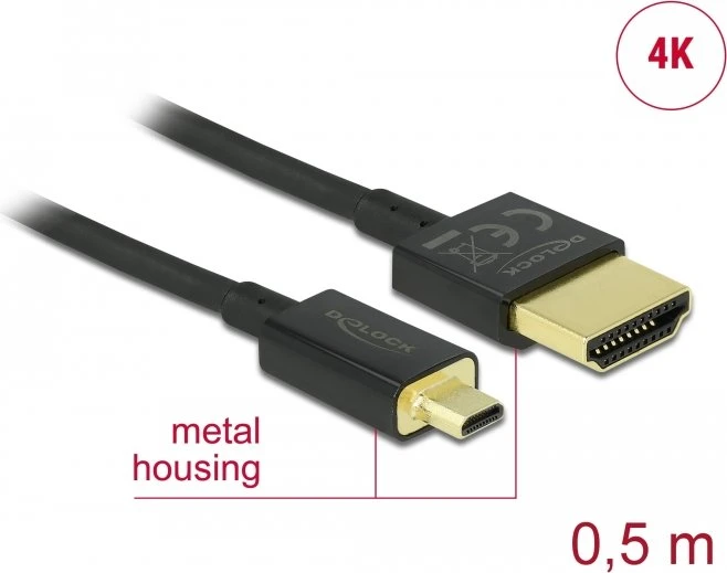 DeLOCK Slim 4K High Speed mit Ethernet HDMI 2.0 Kabel Typ-A/Typ-D Micro, 0.5m