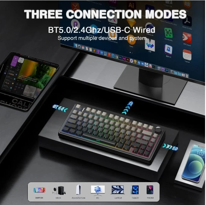 Aula F75 Pro, Gradient Black, LEDs RGB, hot-swap, LEOBOG Reaper, USB/Bluetooth, US