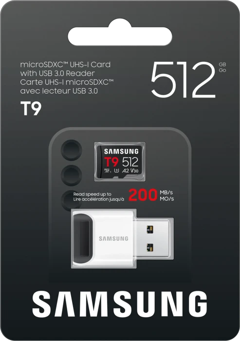 Samsung T9 R200/W130 512GB mit Cardreader, UHS-I U3, A2, Class 10