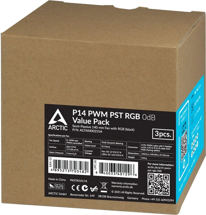 ARCTIC P14 PWM PST RGB 0dB schwarz, 140mm, 3er-Pack