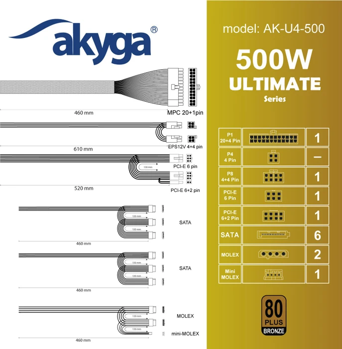 Akyga Ultimate Series AK-U4-500 80+ Bronze 500W, ATX 2.31