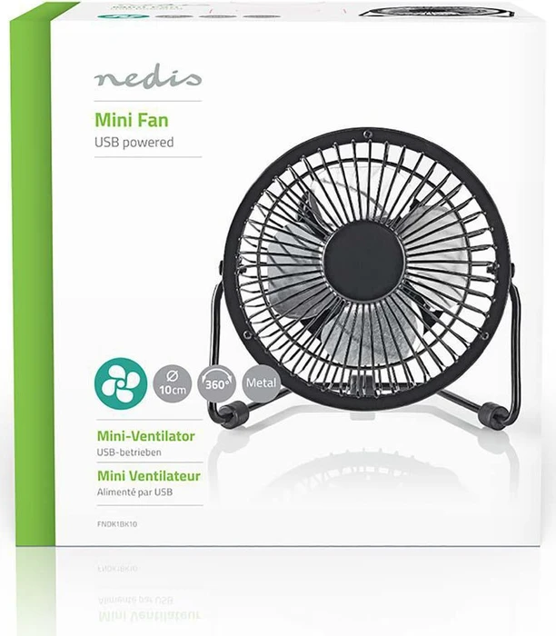 Nedis FNDK1BK10 USB Mini Tischventilator aus Metall 10cm schwarz