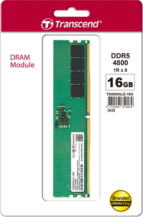Transcend UDIMM 16GB, DDR5-4800, CL40, 1RX8
