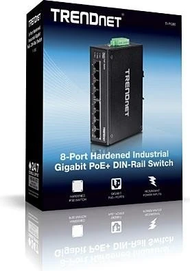 TRENDnet TI Hardened Industrial Railmount Gigabit Switch, 8x RJ-45, 200W PoE+