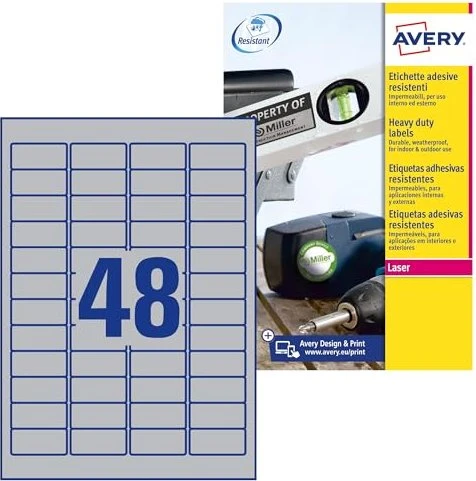 Avery-Zweckform Typenschildetiketten, 45.7x21.2mm, wetterfest, silber, matt, 8 Blatt (384 Etiketten)