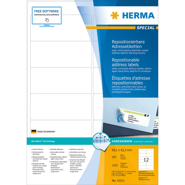 Herma Adressetiketten, 99.1x42.3mm, ablösbar, weiß, matt, 100 Blatt (1200 Etiketten)