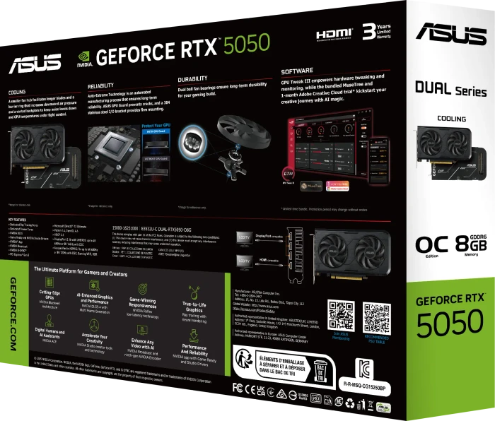 ASUS Dual GeForce RTX 5050 OC, DUAL-RTX5050-O8G, 8GB GDDR6, HDMI, 3x DP