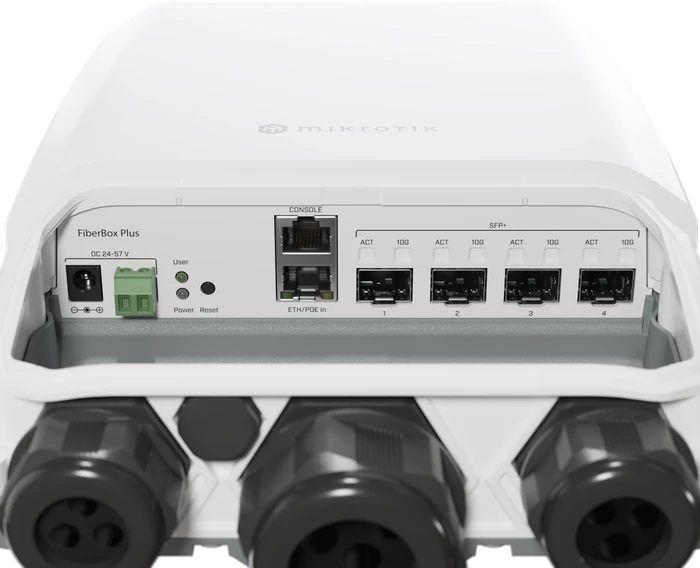 MikroTik FiberBox Plus, Cloud Router Switch CRS305, Outdoor 10G Smart Switch, 4x SFP+, 1x RJ-45, PoE+ PD