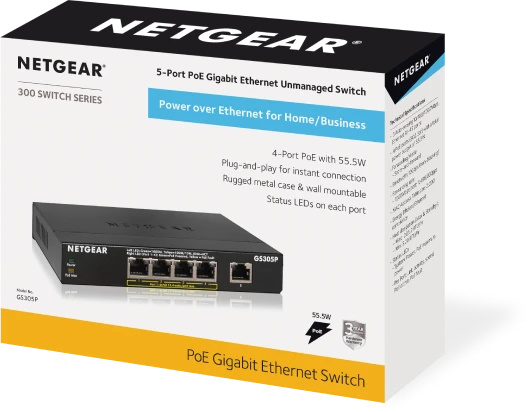Netgear SOHO GS300 Desktop Gigabit Switch, 5x RJ-45, 55W PoE