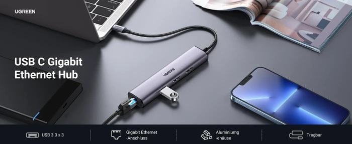 Ugreen 4-in-1 USB-C Ethernet Adapter, USB-C 3.0 [Stecker]