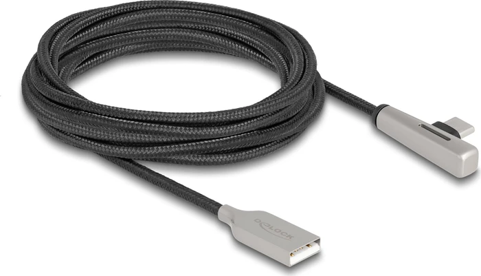 DeLOCK Adapterkabel, USB 2.0, 480Mb/s, 60W QC 3.0, USB-C [Stecker] auf USB-A [Buchse], gewinkelt, schwarz, 3m