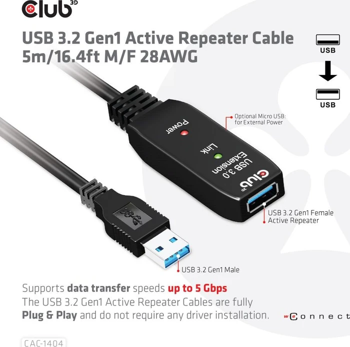 Club 3D USB 3.0 aktives Verlängerungskabel A/A, 5m