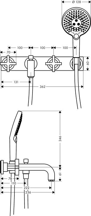 Hansgrohe Axor Citterio 3-Loch Wannenkombination mit Kreuzgriffen und Platte chrom