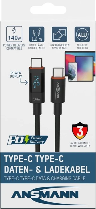 Ansmann USB-C Kabel, USB 2.0, 480Mb/s, 140W PD 3.1, USB-C Stecker auf USB-C Stecker, schwarz, 1.2m