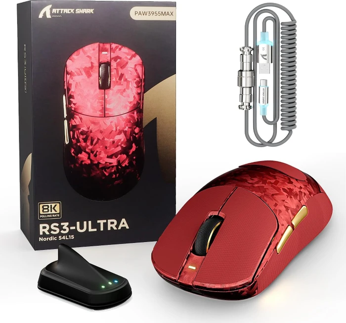 Attack Shark RS3 ULTRA Carbon Fiber 8KHz Wireless, Forged Red, inkl. Grip Tape & C06 Ultra LED Kabel, USB/Bluetooth