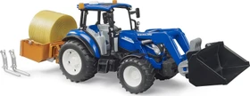 Bruder New Holland T5.120 mit Frontlader, Ladekasten, Gabeln und Rundballen