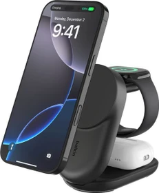 Belkin UltraCharge faltbare magnetische 3-in-1-Ladestation mit Qi2 (25W) rund schwarz