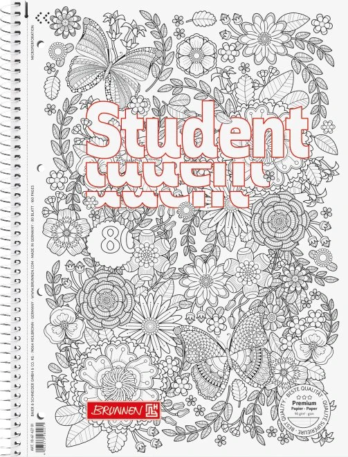 Brunnen Student Premium ZENart Collegeblock, A4, Lineatur 27, Schmetterling, 80 Blatt