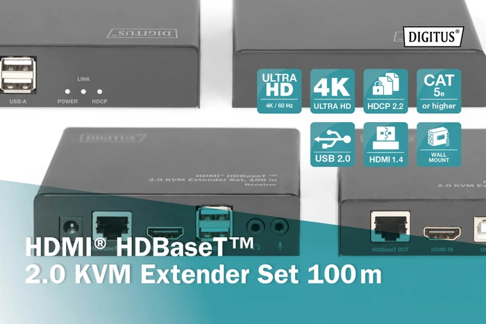 Digitus HDMI KVM Extender Set Extender HDBaseT 2.0, 4K, 60Hz, Cat6a/7/8, 100m