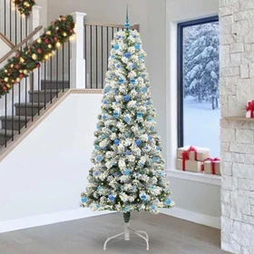 vidaXL Künstlicher Weihnachtsbaum schlank mit Schnee, 240cm, inkl. LED-Beleuchtung