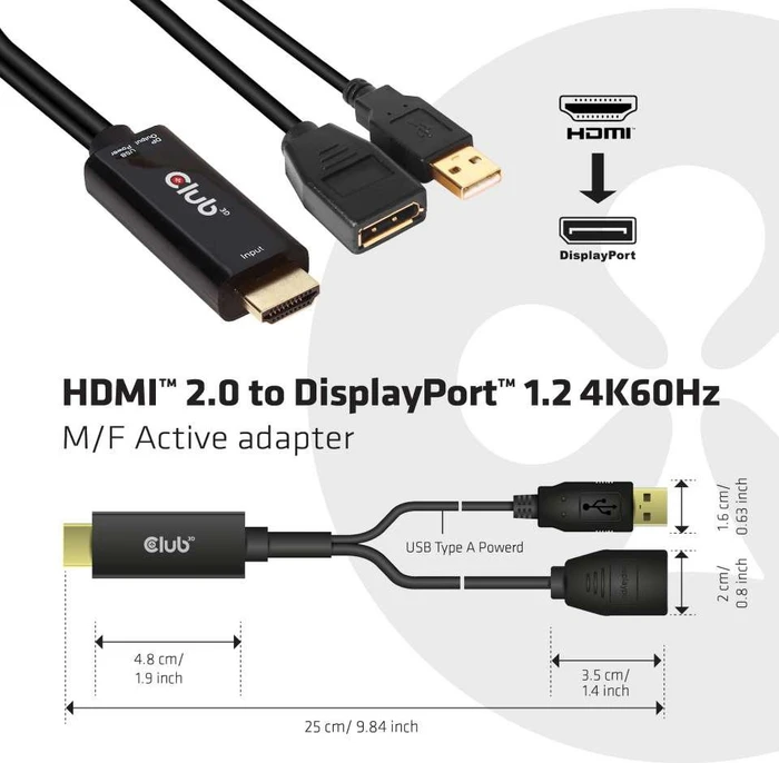 Club 3D aktiver Adapter HDMI [Stecker] auf DisplayPort 1.2a [Buchse], 25cm