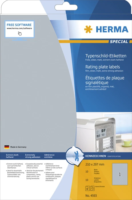 Herma Typenschildetiketten Special, A4, silber, matt, 10 Blatt (10 Etiketten)