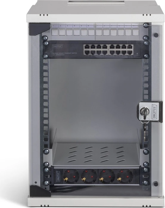 Digitus Professional SoHo Pro Line 10" Wandgehäuse SET 9HE, unmontiert, Sicherheitsglastür, IP20, RAL 7035, 300mm tief