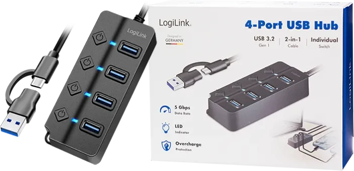 LogiLink USB 3.2 Gen1 Hub mit Ein-/Aus-Schalter, 4x USB-A 3.0, USB-C/USB-A 3.0 [Stecker]