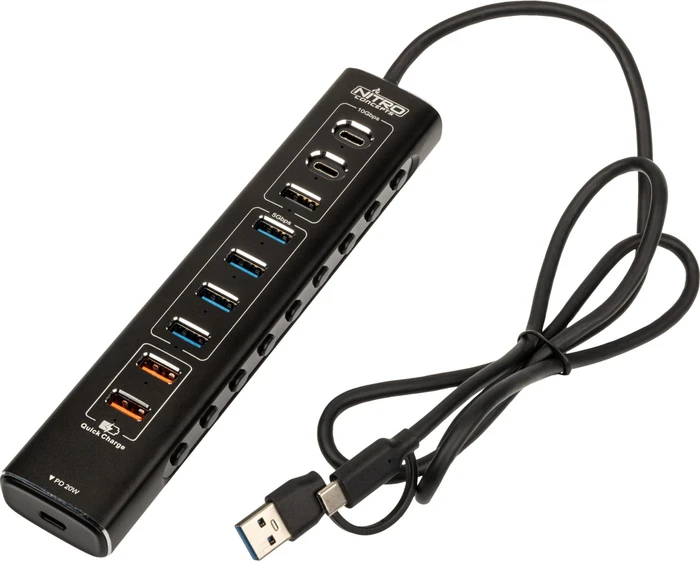 Nitro Concepts UH1 10-Port USB-Hub, USB-C/USB-A 3.1 [Stecker]