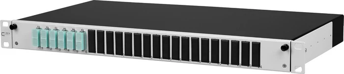 Metz Connect OpDAT slide splice LWL-Patchpanel SC-D Kupplungen, OM3 aqua, 6-Port, 1HE, 1HE