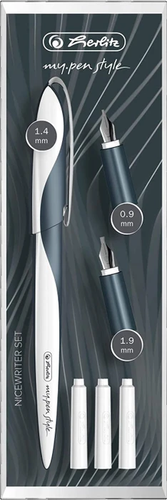 Herlitz my.pen style Nicewriter Kalligrafieset weiß/dark shale, rechte Hand/linke Hand, 0.9mm, 1.4mm, 1.9mm, 3-teilig, Folienbox