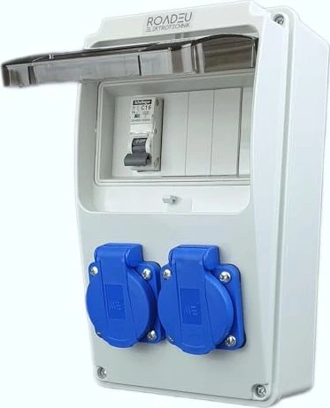 RoadEu Stromverteiler 230V 2x Schuko Steckdose mit Sicherungsautomat 16A