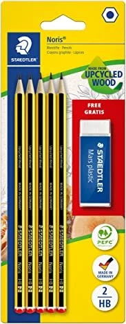 Staedtler Noris 120 Bleistift HB graphit, schwarz/gelb, Blister, Radierer, 5er-Pack