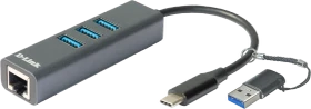 D-Link Gigabit Ethernet Adapter mit 3x USB-3.0, RJ-45, USB-C 3.0/USB-A 3.0 [Stecker] (DUB-2332)