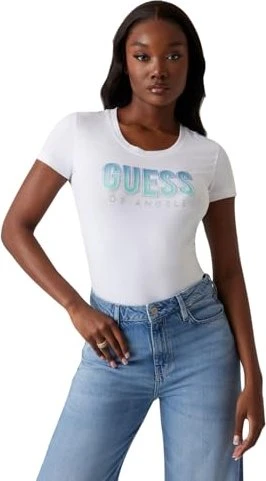 Guess Logo Farbverlauf T-Shirt kurzarm weiß (Damen)
