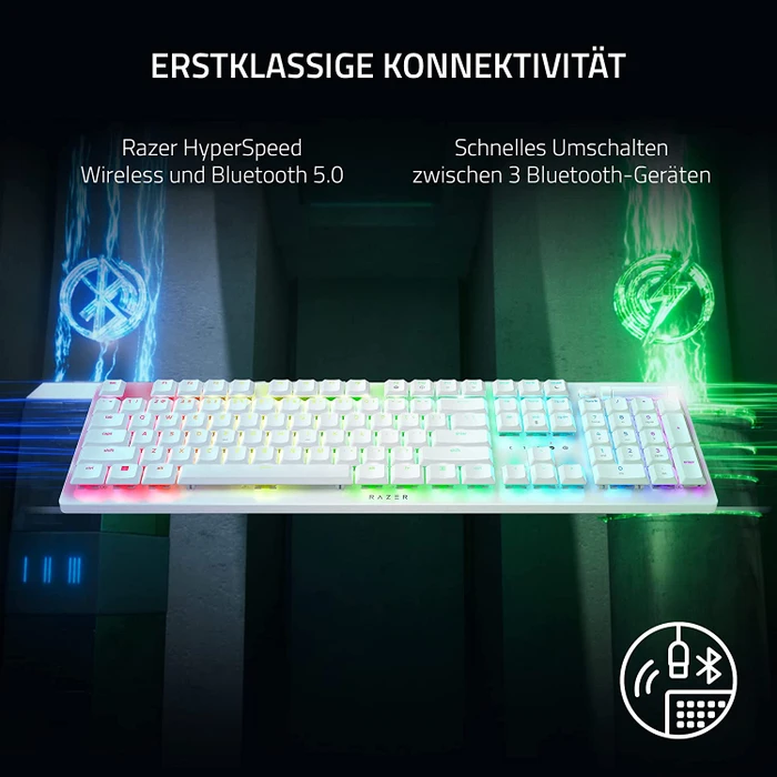 Razer DeathStalker V2 Pro, Mercury White, Razer Low-Profile Clicky Optical PURPLE, USB/Bluetooth, US