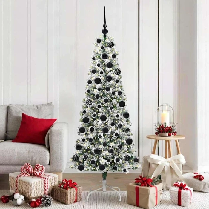 vidaXL Künstlicher Weihnachtsbaum schlank mit Schnee, 180cm, inkl. LED-Beleuchtung
