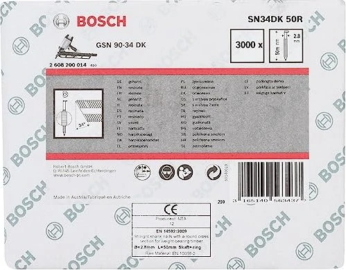 Bosch Professional SN34DK 50R D-Kopf Streifennagel 34° gerillt geharzt Tacker-Nägel, 50x2.8mm, 3000 Stück