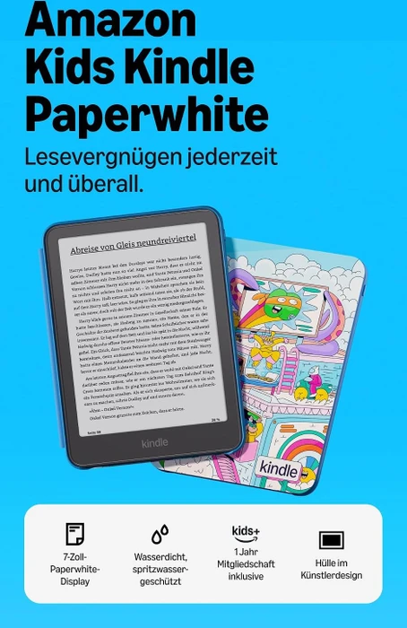 Amazon Kindle Paperwhite 13. Gen, 16GB Flash, ohne Werbung, Kids Edition, inkl. Hülle Türme in der Dämmerung [2026]