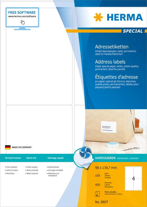 Herma Adressetiketten Inkjet, 96x139.7mm, weiß, matt, 100 Blatt (400 Etiketten)