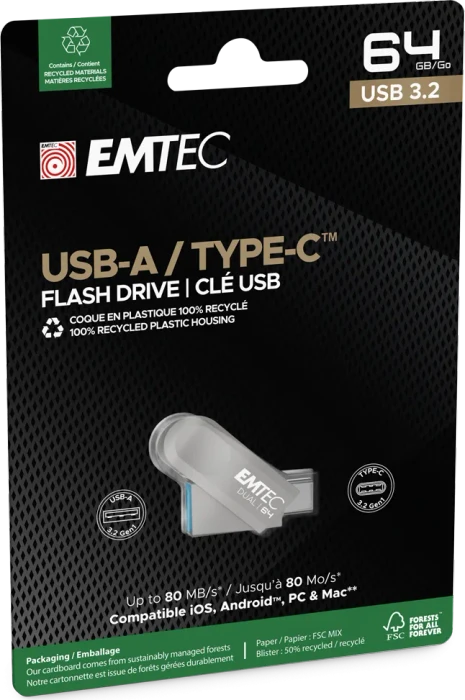 Emtec D280 64GB, USB-A + USB-C, USB 3.2 Gen 1×1