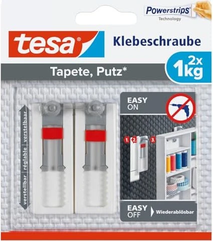 tesa Powerstrips verstellbare Klebeschraube Tapete/Putz weiß, Klebeschraube, 2 Stück
